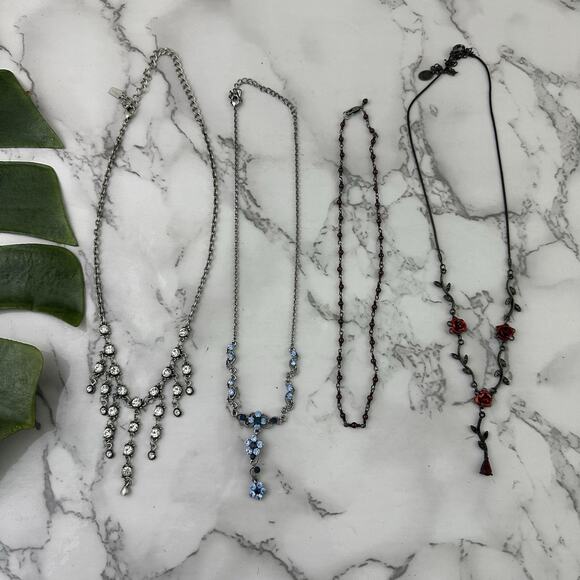 Vintage Y2k Rhinestone Necklace Lot of 4 Sparkle Red Blue Floral Prom Glam - Picture 1 of 5